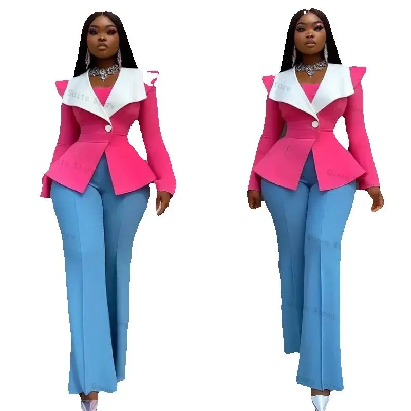 Conjunto de terno feminino 2 peças blazer calças azul branco rosa formal senhora do escritório jaqueta algodão casamento noiva casaco personalizado