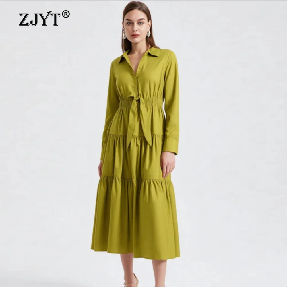 

ZJYT Spring New Women's 100% Cotton Shirt Dress Long Sleeve Elegant Solid Casual Midi Dresses Yellow Blue Female Vestidos 2026