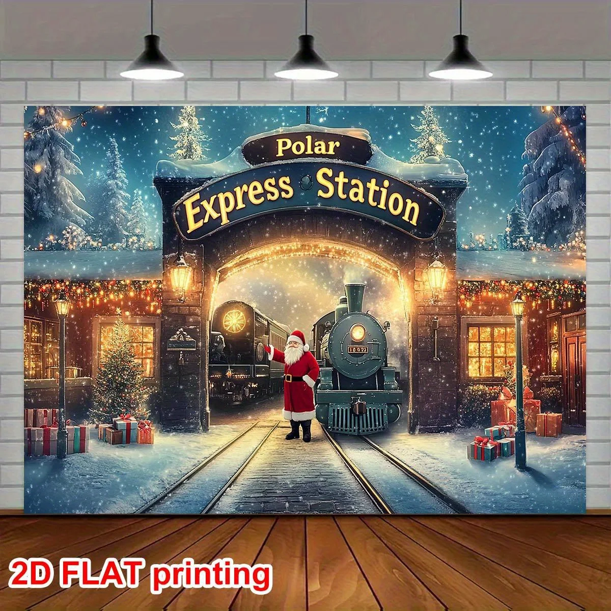 1 ديكور محطة عيد الميلاد Polar Express العتيقة - قماش خلفية وصول سانتا كلوز، نمط ندفة الثلج، بوليستر