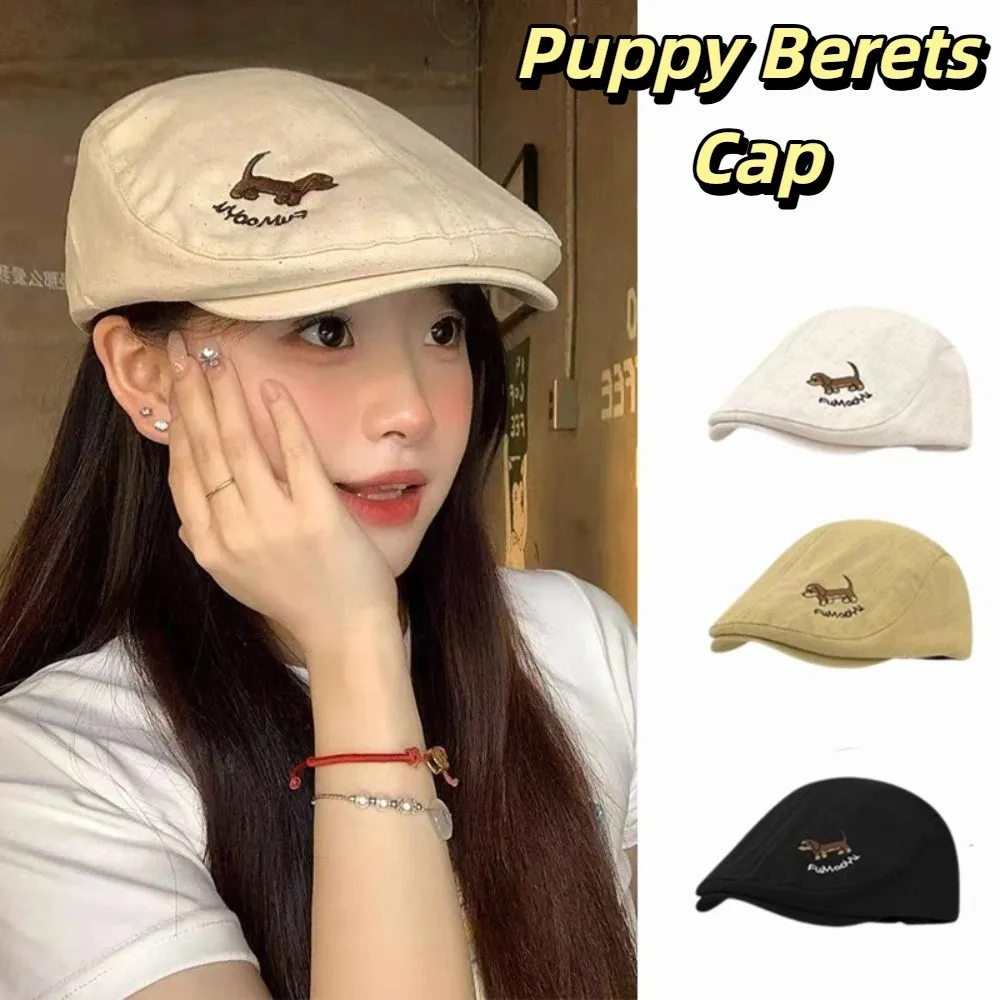 

Fashion Japanese Style Cartoon Forward Hat Visor Sunscreen Puppy Embroidery Berets Cap Short Brim Casual Painter Hat Unisex