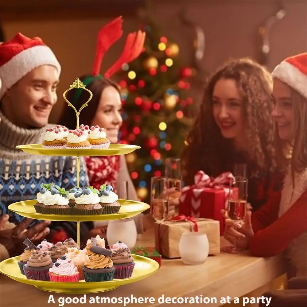 3 Tier Gold Cake Stand 27cm, Christmas Party Dessert Tower for Cupcake Candy Display, Metal Serving Platter - Image 2