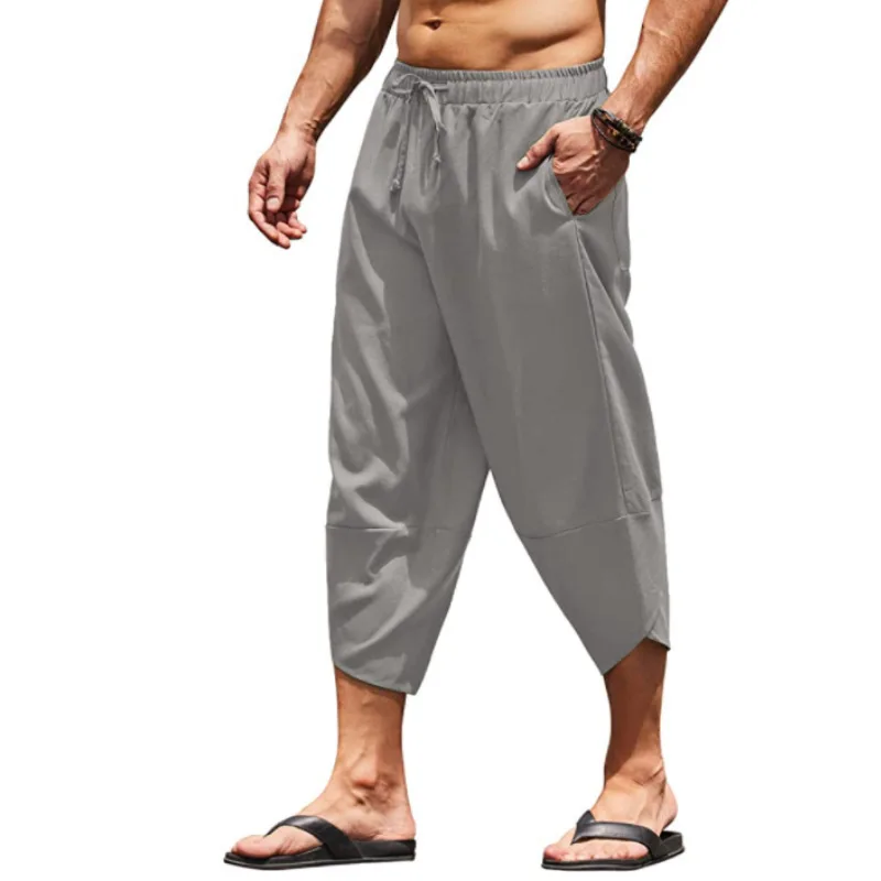 Men Summer Solid Color Capri Pants Harem Shorts Men Elastic Waist Drawstring 3/4 Length Cropped Trousers Baggy Sweatpants