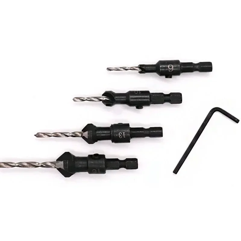 

4 шт. сверление пилотных отверстий с потайной головкой, набор сверл для деревообработки для размеров винтов # 6 # 10 # 13 # 16-режущее сверло для винтовых отверстий