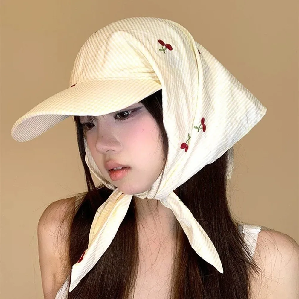 

Casual Plaid Headscarf Baseball Cap Korean Style Sweet Sunscreen Beach Hats Sunscreen Cherry Embroidered Peaked Cap Girl