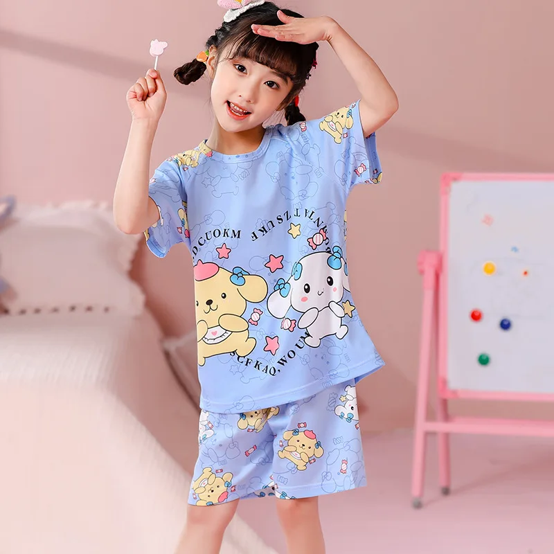 Sanurgente-Pyjamas pour enfants, pyjamas, vêtements de maison, ensemble de pyjamas en coton fin à manches courtes et col rond, cadeau Hello Kitty