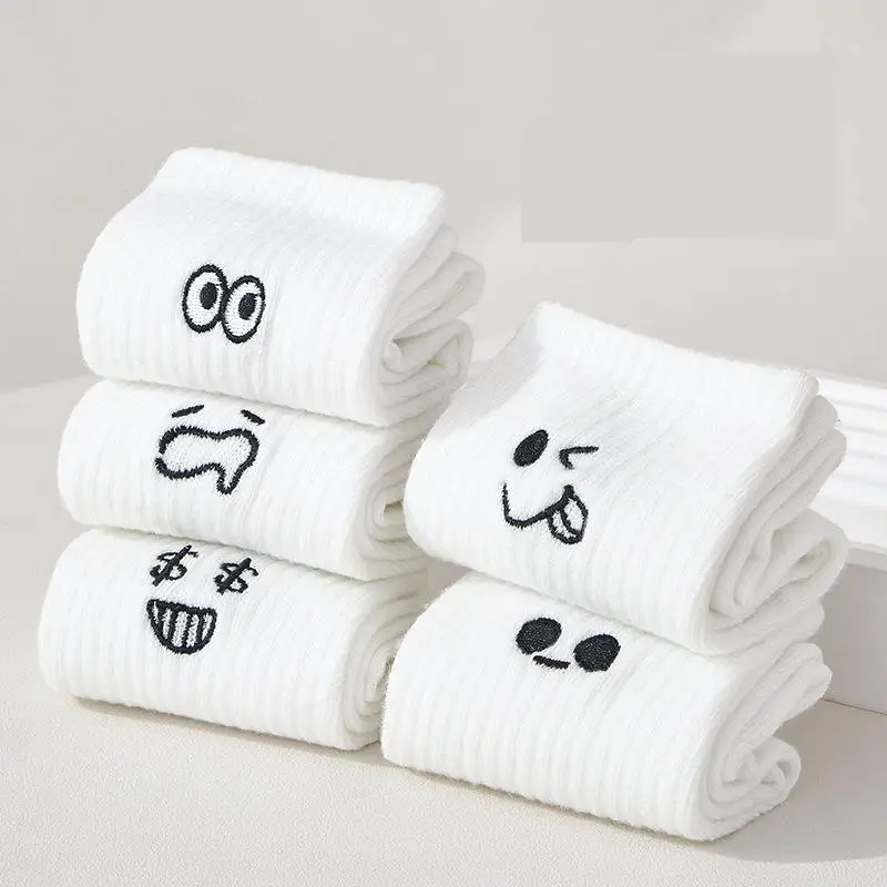 5 Pairs New Women White Cartoon Socks Trendy Versatile Expression Socks With Simple Soft Breathable Comfortable Casual Socks