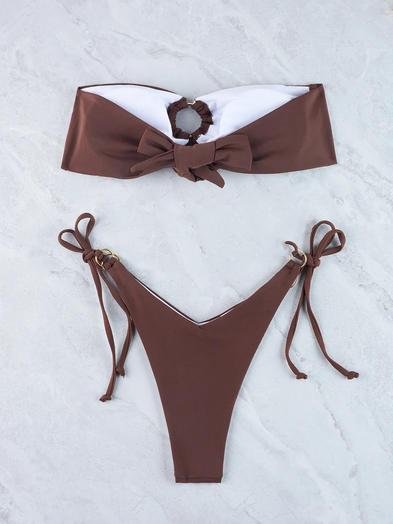 Microbikini Sexy para mujer, traje de baño marrón con anillo de banda, traje de baño para mujer, conjunto de Bikinis con Tanga, traje de baño femenino, ropa de playa 2024