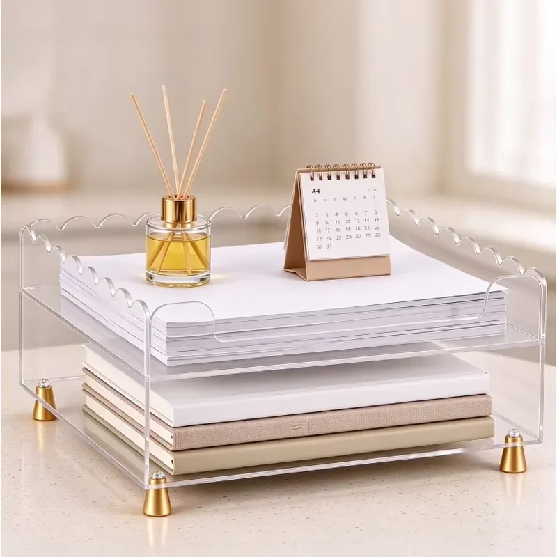 Customized two-layer corrugated acrylic desk storage box, gold metal legs, can hold A4 documents, letters, notes, home office
