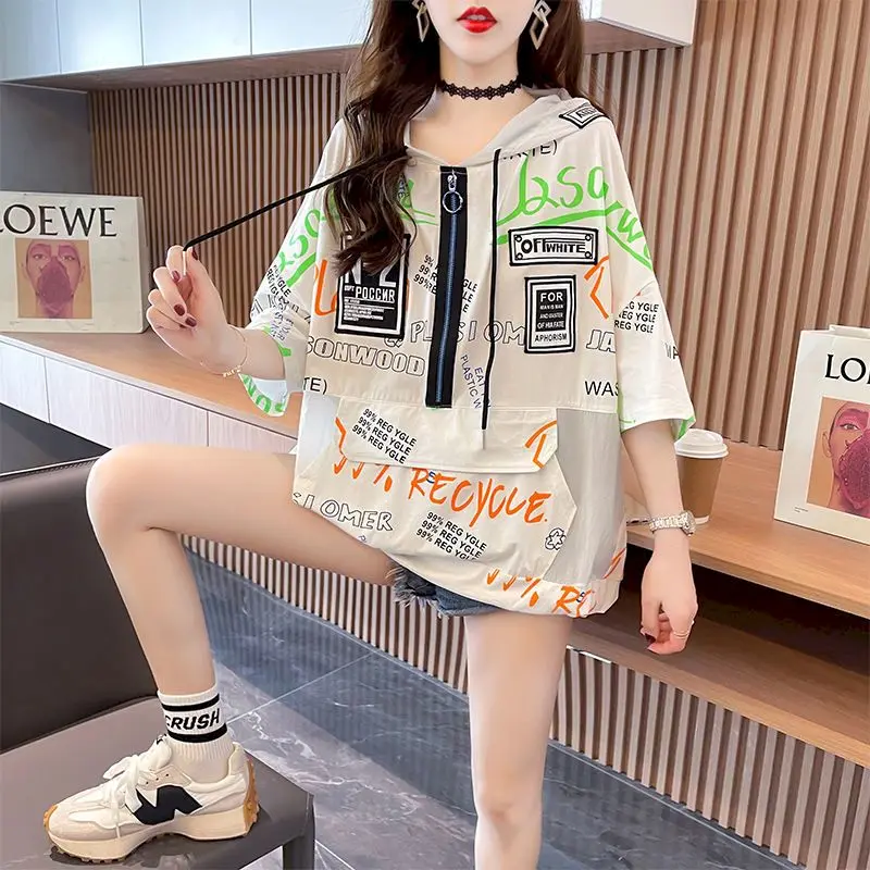 Cotton T Shirts Women Fashion Hooded Design Sense Short Sleeve T-shirt 2024 New Korean Style Loose Oversized Tshirts Casual Tops