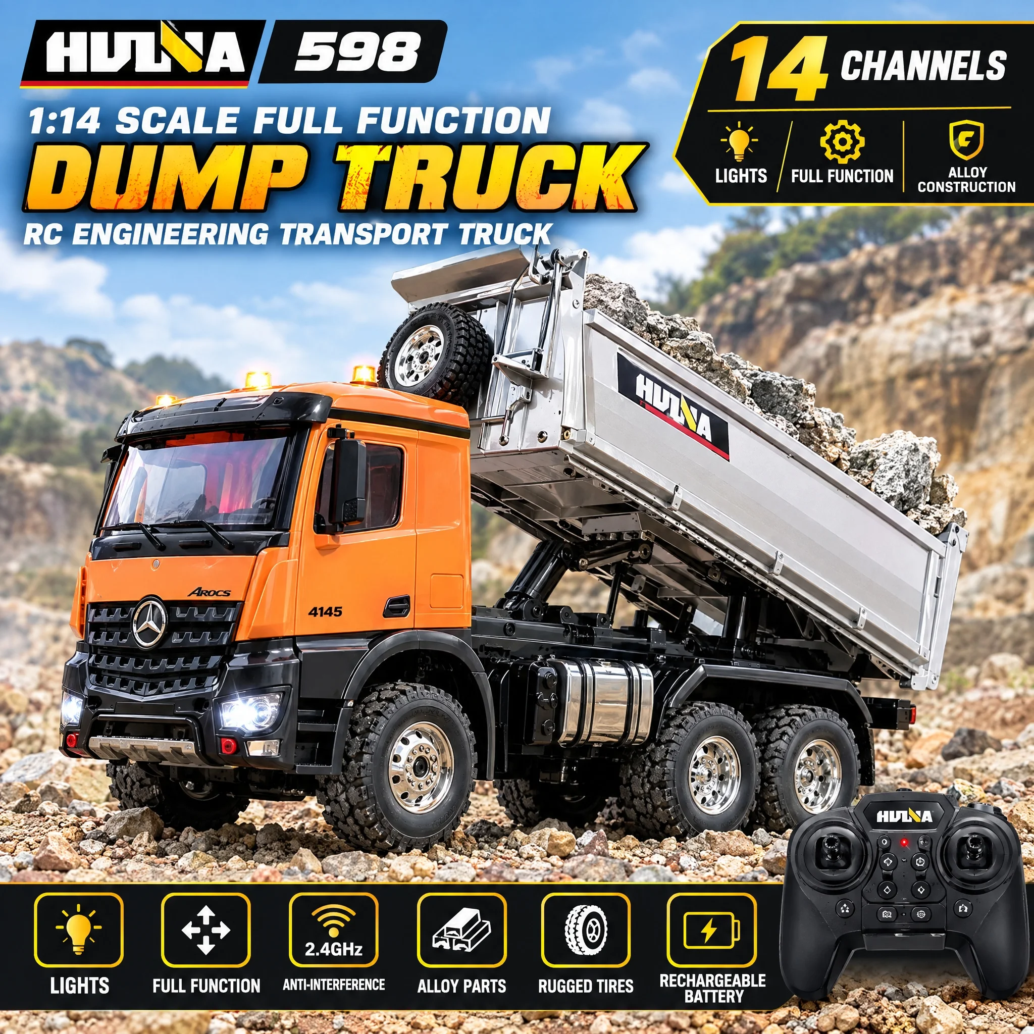 Huina 598 1/14 Scale 14CH Alloy RC Dump Truck Simulated Engineering Hauler With Realistic Lighting Hobby Collectible Vehicle