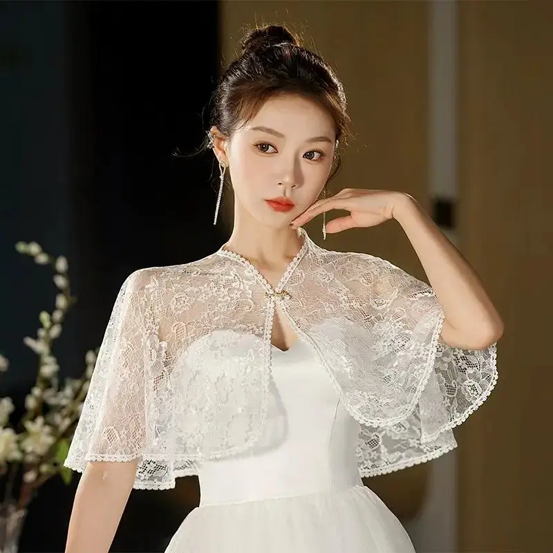 Chic Bridal Shrug Vintage Lace Capelet Short Cap Sleeves Pearl Trim Fastener Lightweight Sheer Fabric For Bridal Banquet Evening