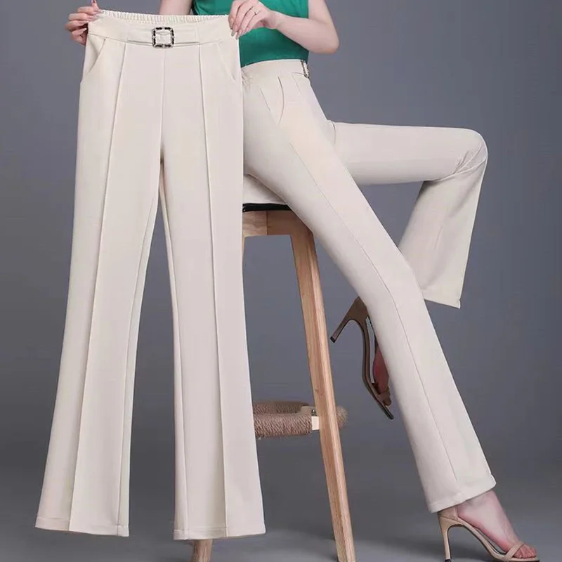 Pantalones elásticos de cintura alta para mujer, pantalón elegante de Color sólido, con bolsillos, combina con todo, informal, para ir a la Oficina,