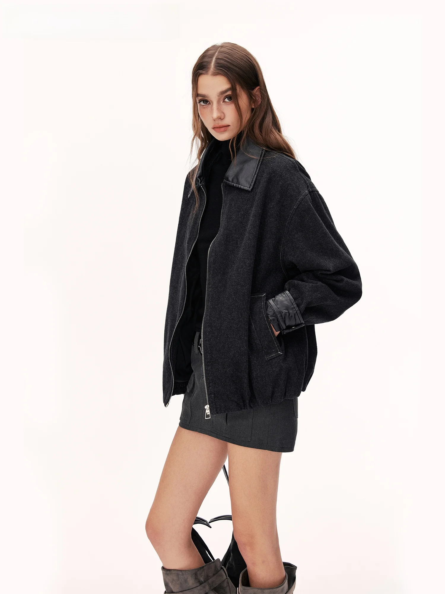 Burgenland Casual Style Women's Denim Jacket Long Sleeve Leather Collar Black Loose Fit Zipper Closure  Color Fashion