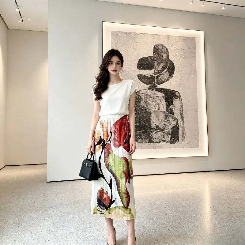 Miyake Pleated Summer 2026 Skirt for Women High Waist Loose Fit Printed Fresh Versatile Casual Pleated Mid-Length Skirt Pleat
