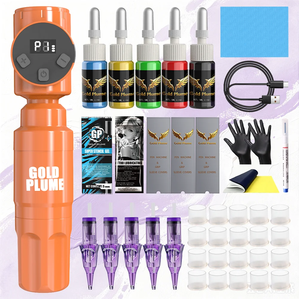 Gold Plume Orange Wireless Rotary Tattoo Pen Kit, LED Display Tattoo Machine, 5 Tattoo Inks, Cartridge Needles
