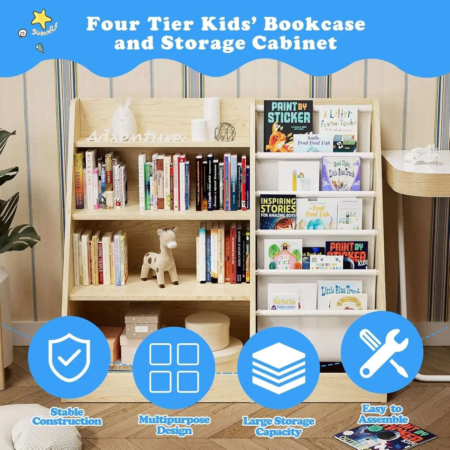 Kids Wooden Bookshelf,Five Layer Sling Children Bookcase,Baby Storage Book Rack,Book and Toy Organizer Cabinet Chest,Book Displa