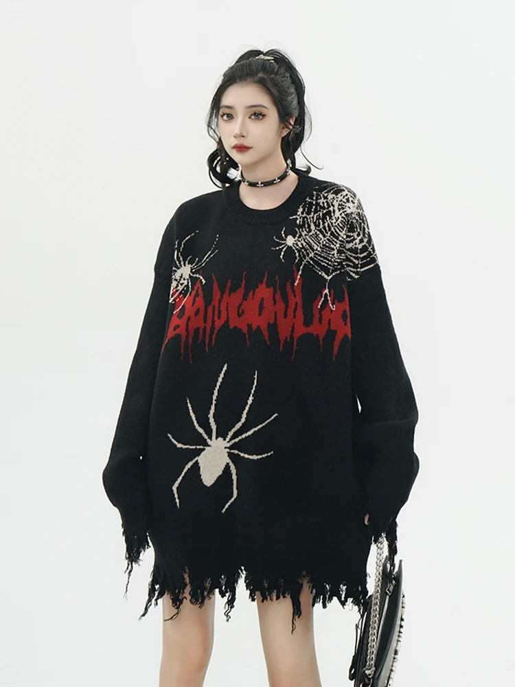 REDDACHiC Tassels Frayed Spider Sweater Women Grayu Y2k Oversize Knitted  Jumper Top Loose Casual Slipover Harajuku Streetwear