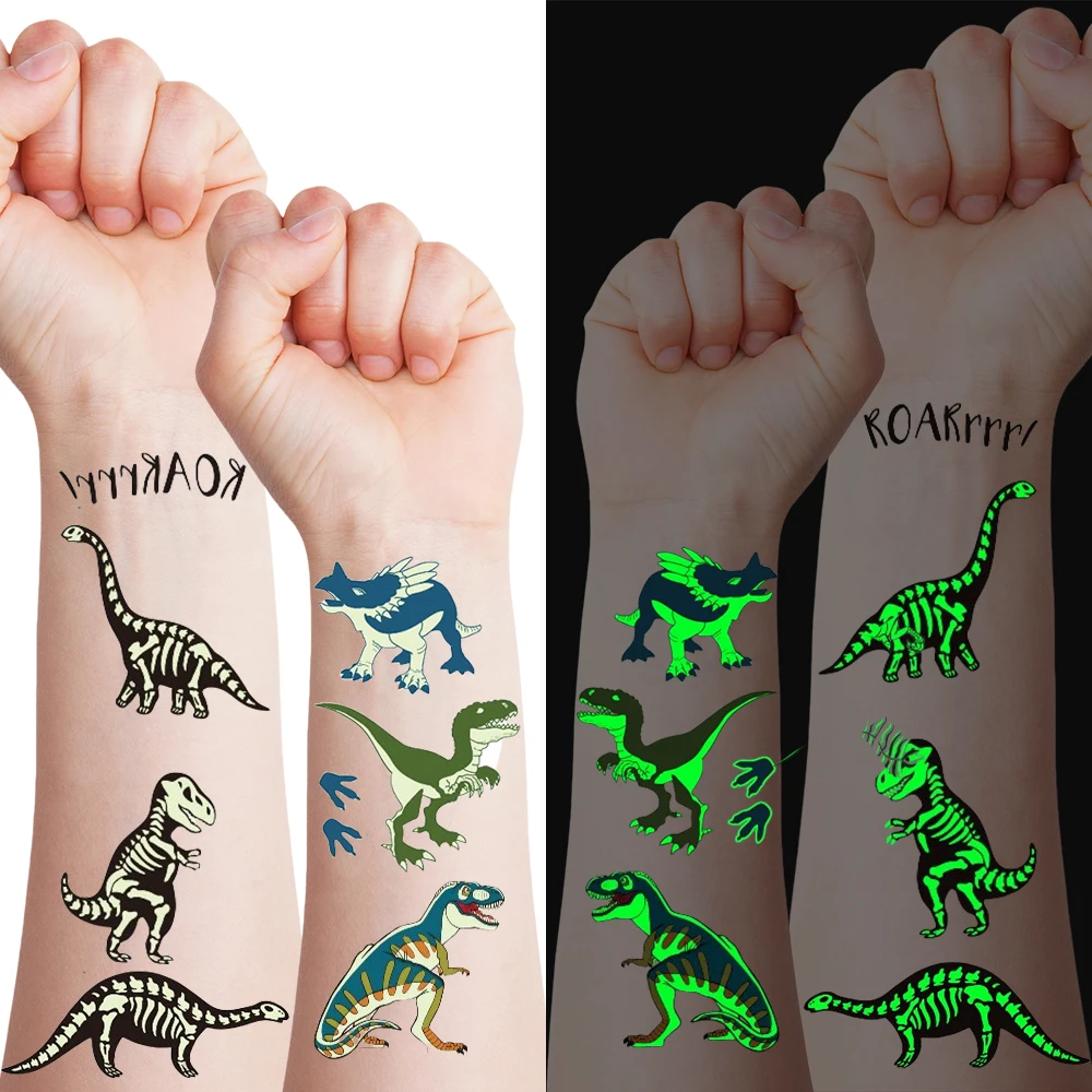10 Sheets Glowing Dinosaur Tattoo Stickers Green Night Glow Cartoon Dinosaur Tyrannosaurus Rex Pterodactyl Waterproof Temporary