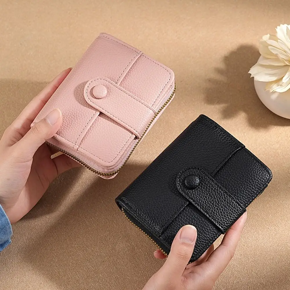 Fashion Elegant Women Short Wallet Pu Leather Zipper Business Purse Solid Color Lychee Pattern Bank/ID/Credit Card Holder Woman