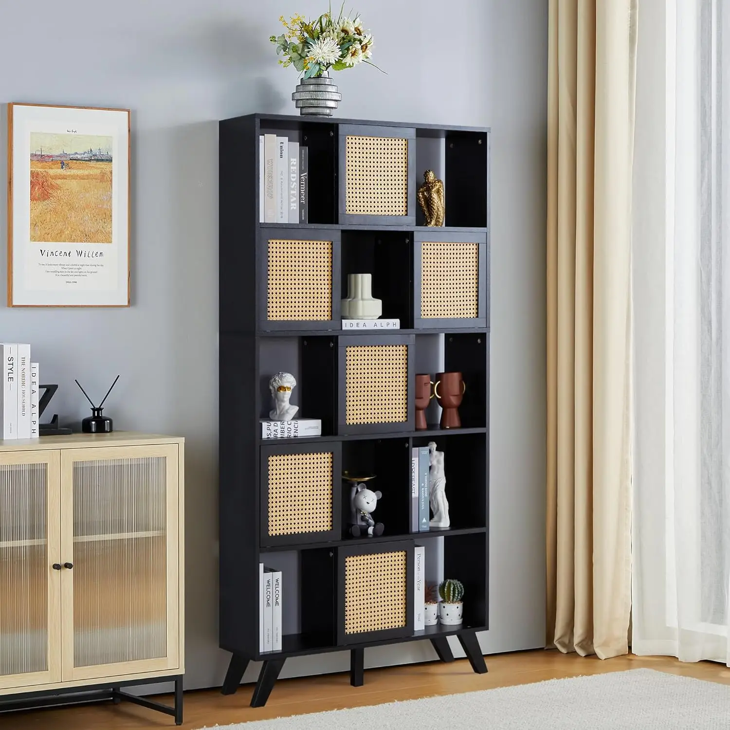 ！@Combohome 5 Tier Bookcase, Wooden Rattan Cube Shelves Soild Wood Tall Bookshelf Storage Cupboard Organizer Display Standing Un