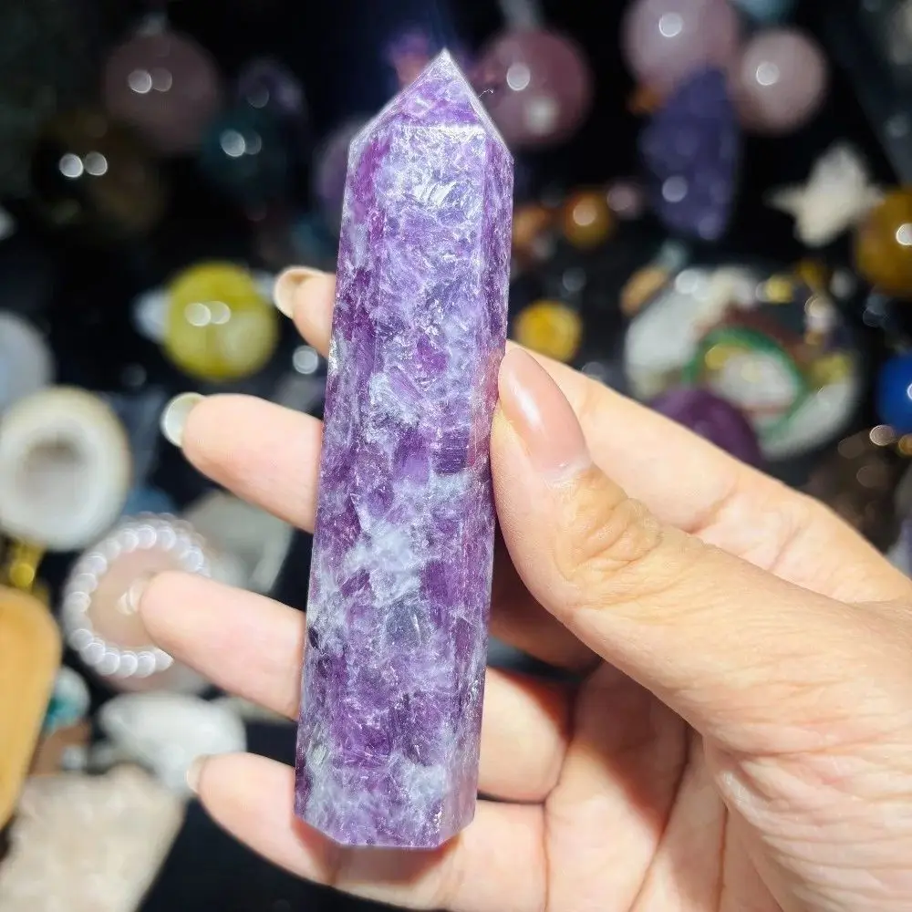 1pc Natural Purple Lepidolite Hexagonal Crystal Tower Point Solid Crystal Single-Pointed Pillars For Home Office Decoration