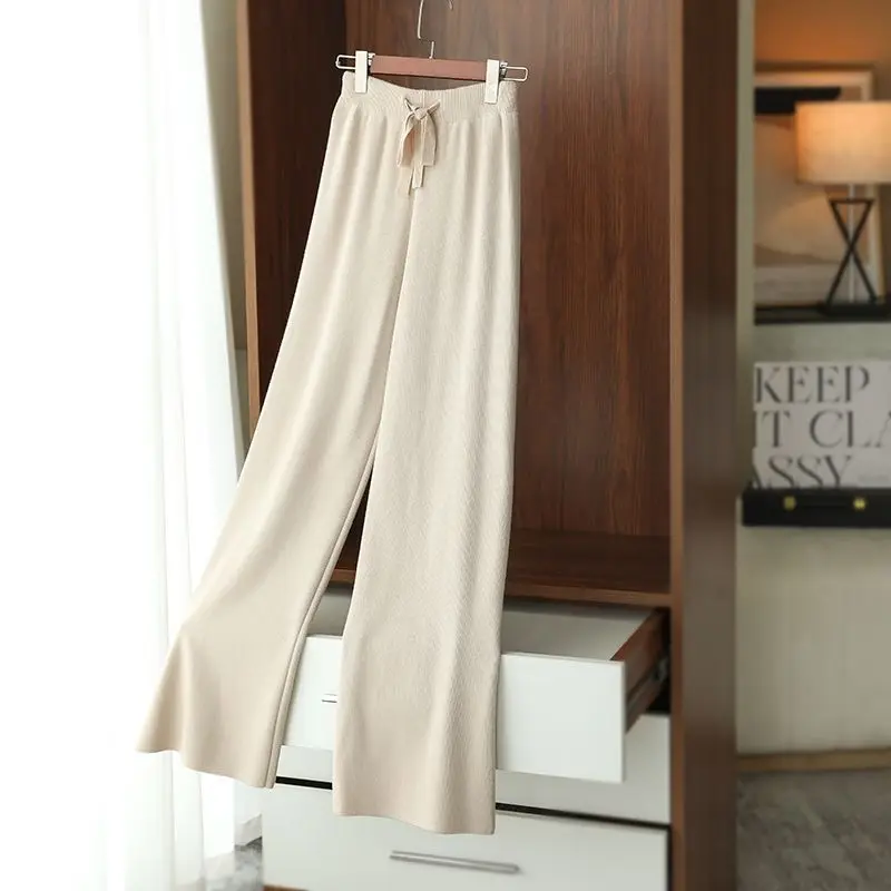 

Autumn Winter Regular Thickness Wool Knitted Wide-leg Pants Women's High-waisted Elastic Vertical Drop Loose Casual Pants LJ353