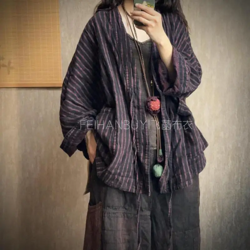 

Весенне-осенний новый художественный стиль, женские свободные куртки с рукавами «летучая мышь» и v-образным вырезом на шнуровке, винтажные пальто высокого качества из хлопка и льна в полоску