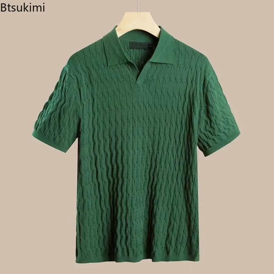 

Men's Summer Clothing Luxury Knitted Jacquard Skinny Polo Shirt Korean Popular Breathable Leisure V Neck Short Sleeve Knitwear