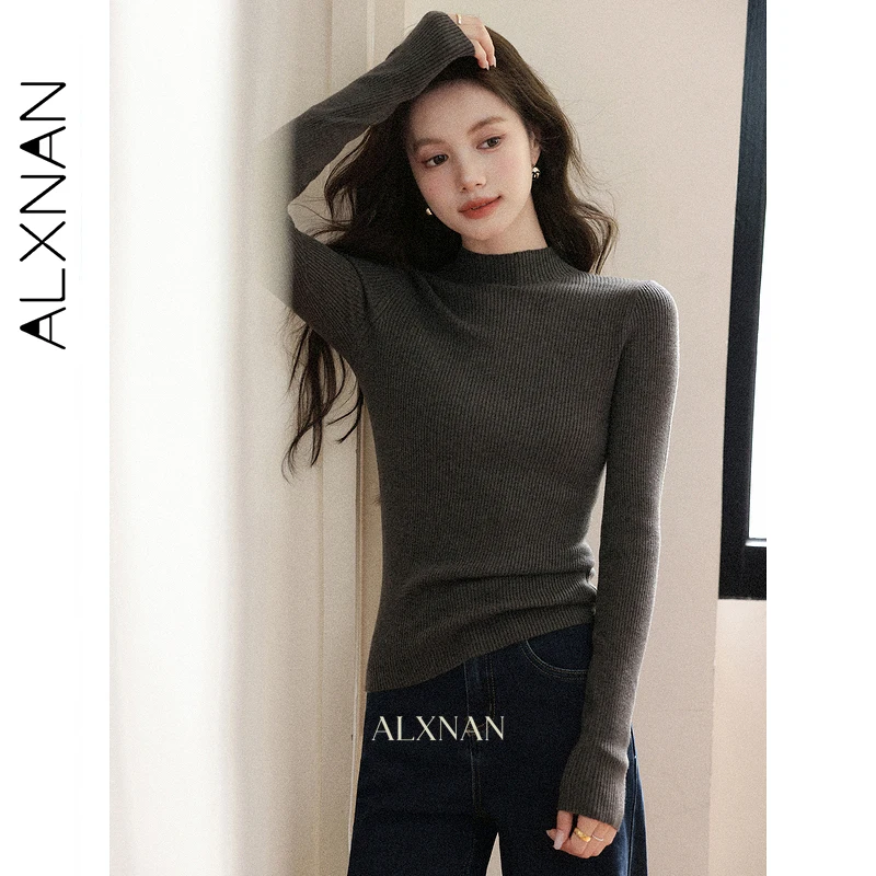 ALXNAN Damen-Strickpullover, einfarbig, lange Ärmel, normale Schulter, halbhoher Ausschnitt, 2025, neues Herbst-Schlankheits-Layering-Top L57570-1