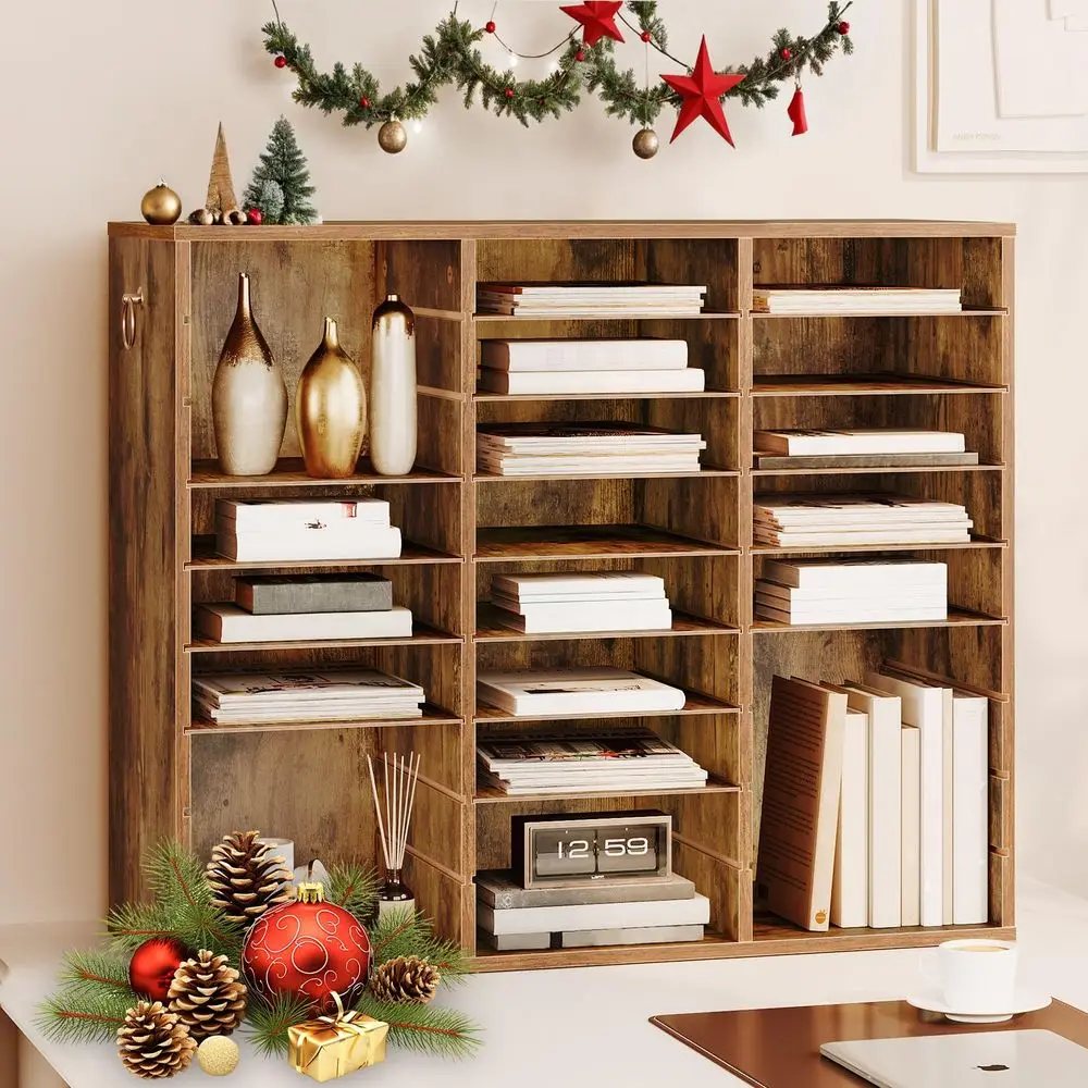 

Literature Organizer, 27 Compartments Wooden Mail Organizer, Countertop Literature Sorter with Adjustable Shelves for Home, Off