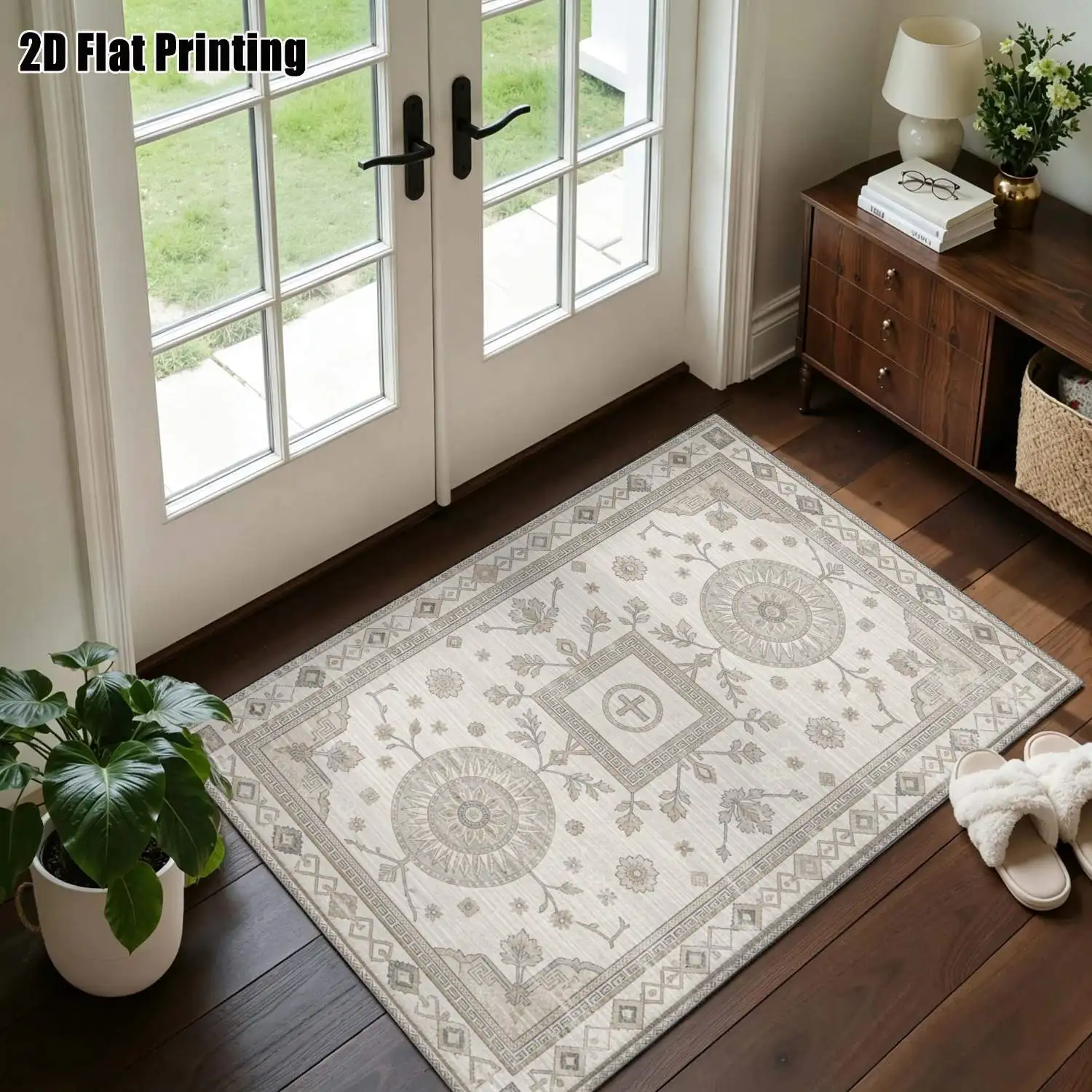 1Pc 2D Printed Beige Geometric Floral Vintage European Bohemian Carpet, Machine-Washable Multi-Size Home Decor Mat for Entrance, Living Room, Bedroom, Dining Room, Foyer