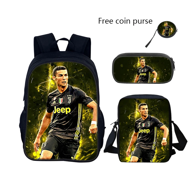 3 pcs set Football CR7 Star Child School Backpack with Lunch Bags Pencil Bags School Bags for R-Ronaldos Boys Girls Best Gift