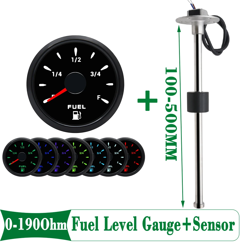 52mm Fuel Level Gauge + 100-500MM Fuel Float Sensor 0-190 ohm Oil Tank Meter Indicator With 7 Color Light For Car Yacht Marine