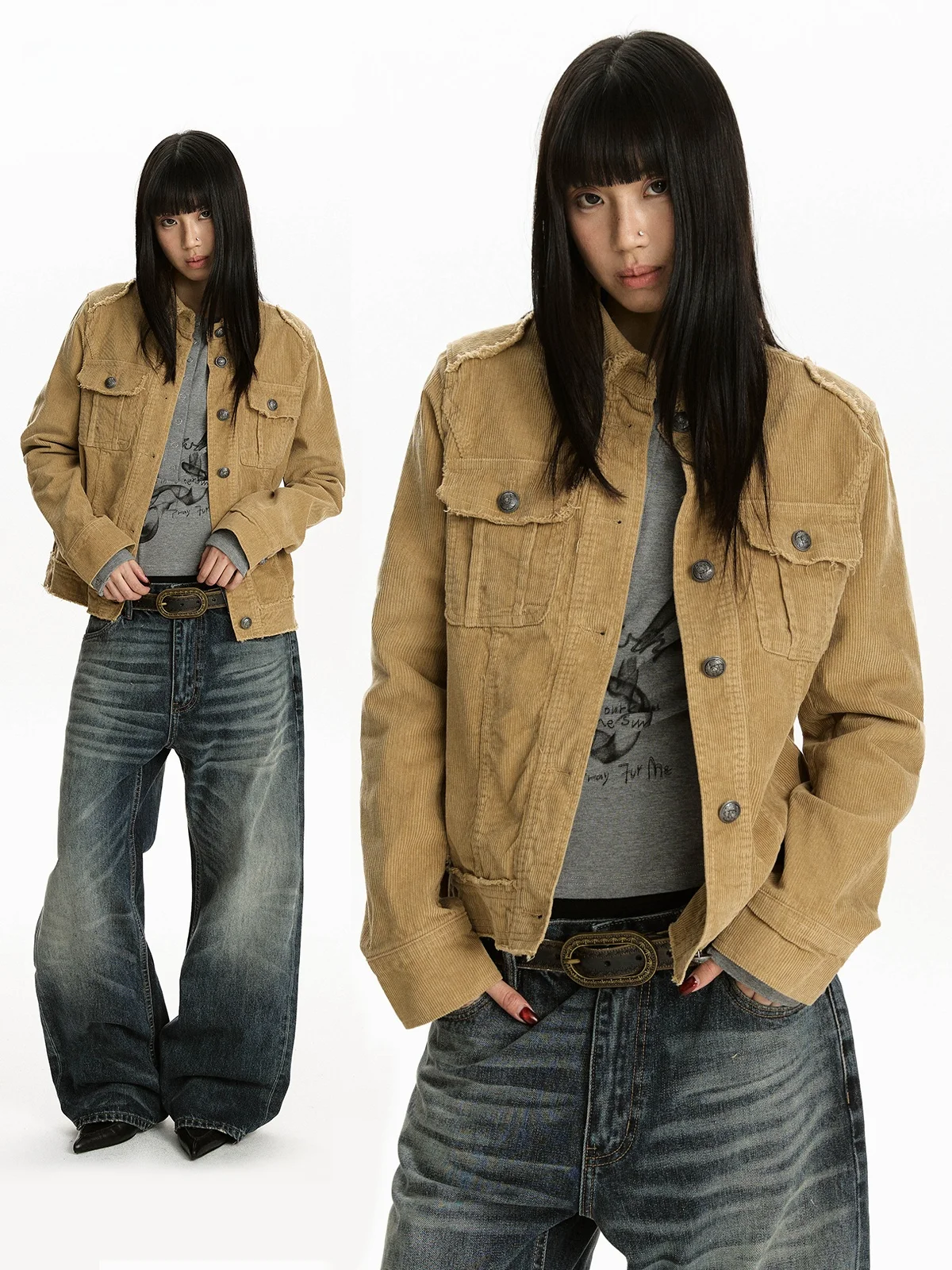 

Женская куртка Aket в американском ретро-стиле из вельвета с эффектом потертости, весенняя, приталенная, универсальная, в рабочем стиле, с необработанным краем