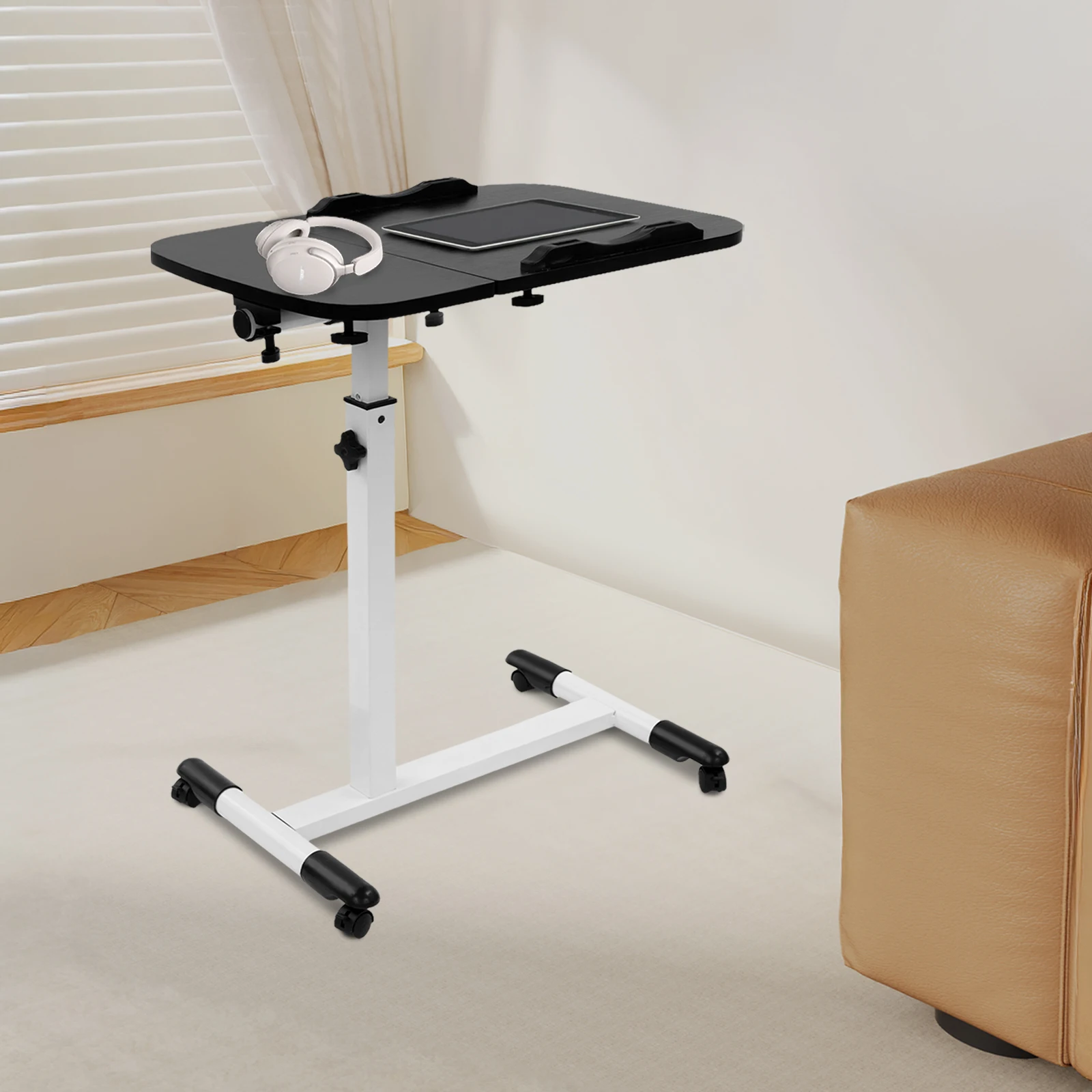 Höhenverstellbarer beweglicher Beistelltisch 65–95 cm, 4 Bremsräder 0–90 ° Falten Sie 15 kg Traglast in Schwarz/Weiß für das Heimbüro – Detail 8
