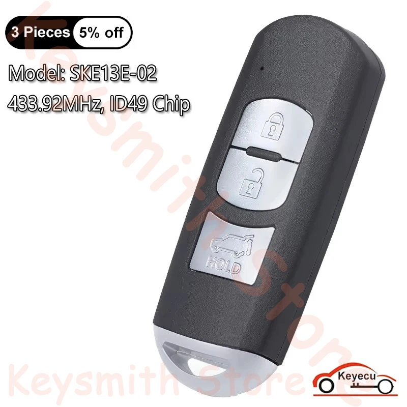 KEYECU 3 pulsanti 433,92 MHz ID49 Chip per Mazda CX-5 CX-9 2017 2018 Auto Smart Remote Key Fob Modello sostitutivo: SKE13E-02