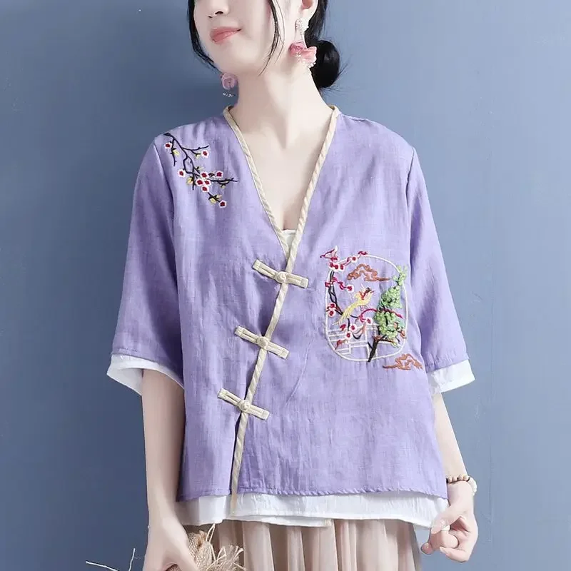 2023 Summer Chinese Style Improved Hanfu Beautifully Embroidered Top Women V-neck Short Sleeve Slanted Button Cotton Linen Top