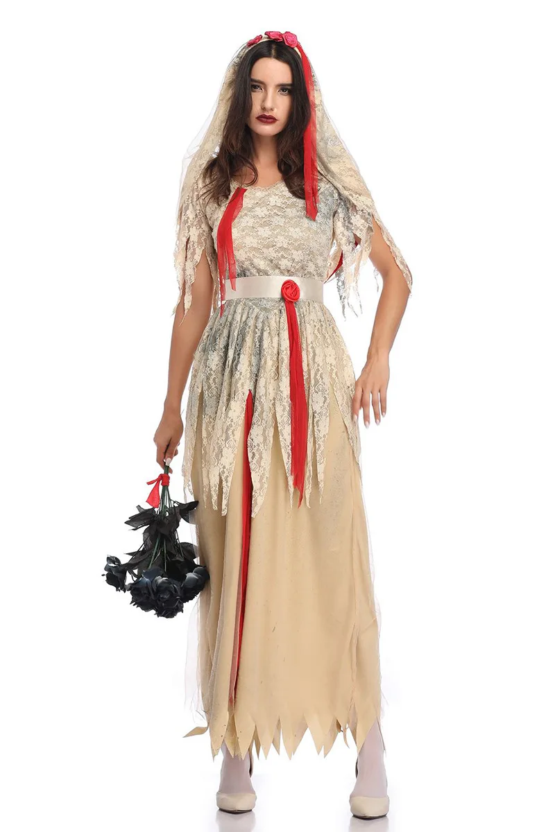 Fsia de Noiva Fsma de Terror de loween Tamanho ande Noiva Deus Morto Vestido de Renda Zumbi Fsia Étnica Femi...