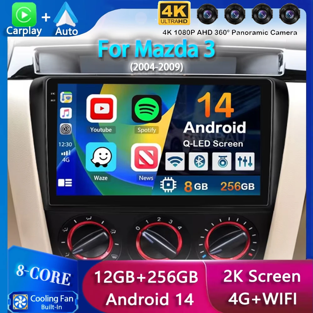 Android 14 Carplay Auto Car Radio For Mazda 3 2004-2009 Multimedia Video Player Navigation Speakers Head Unit Stereo 2 Din Audio