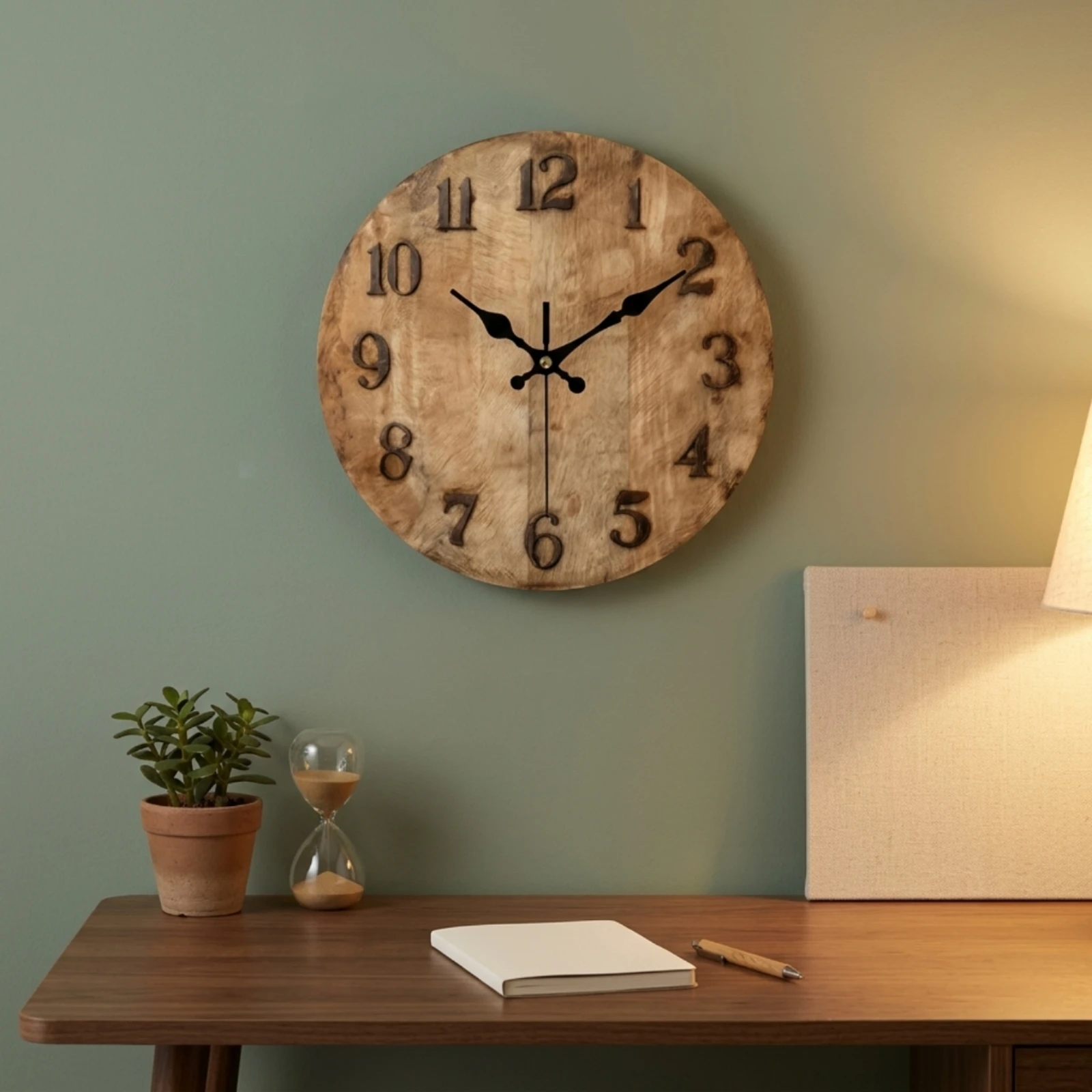 Wood Grain Wall Clock Black Arabic Numerals Round Wall Clock House Decoration for Indoor Home