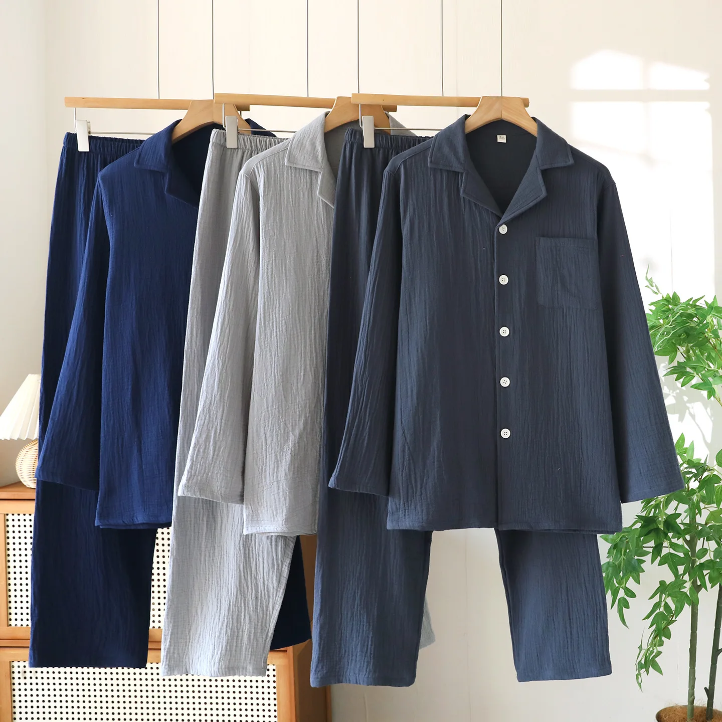 

Autumn Men's Double-layer Cotton Homewear Solid Long-sleeved Shirt Thin Pajamas Elastic Waist Trousers Sleepwear