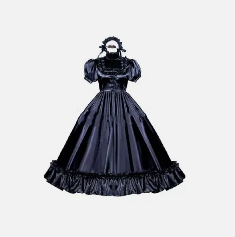 French Sissy Maid Lockable Black Satin Dress Cosplay Costume Tailor-made