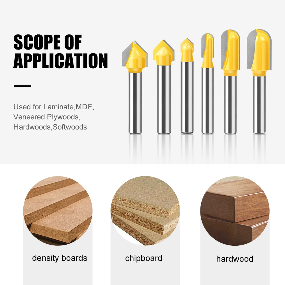 6mm 1/4" Shank Router Bits Set Core Box Bit rounf nose bit 90 Degree V-Groove Bit For Woodworking Tools