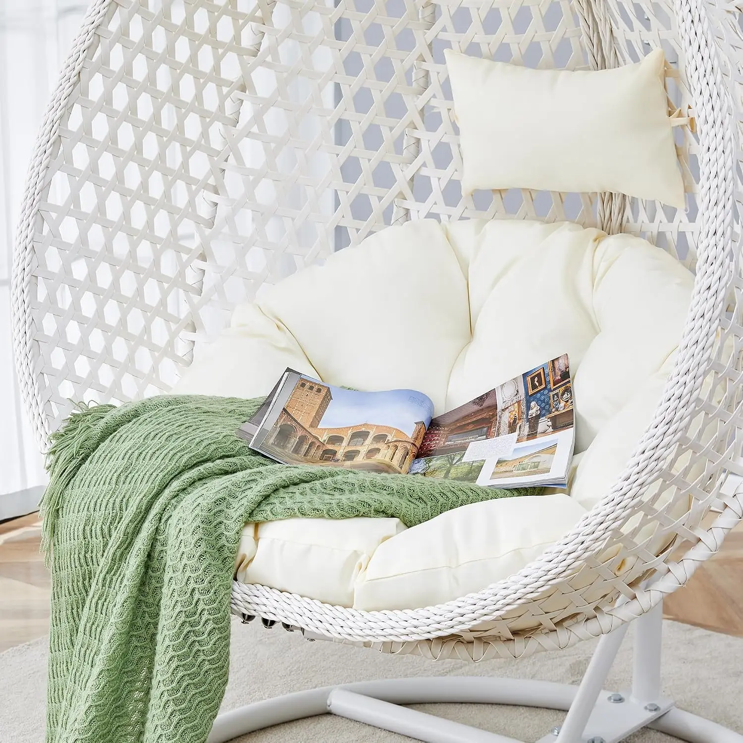 Hanging Egg Chair Outdoor Indoor, Wicker Swing Egg Chair with Stand, Rattan Basket Chair with Cushion and Pillow, 300lbs Capacit