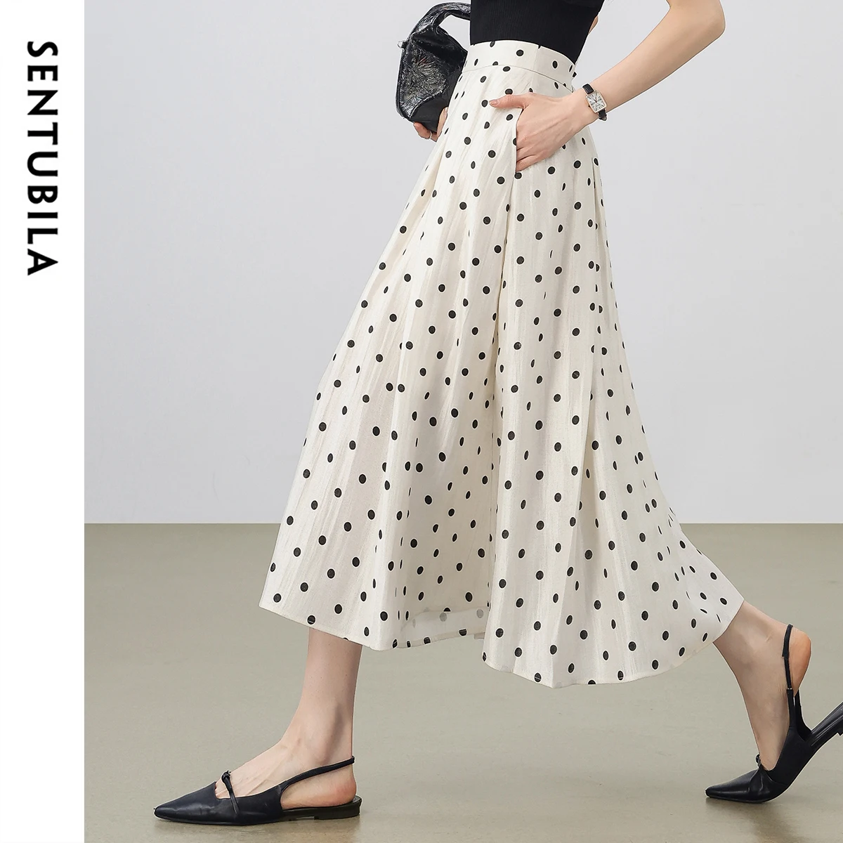 

SENTUBILA Polka Dot Women's Skirt 2025 Fashion French Style A-line Elegant High Waist Pleated Ladies Long Skirts 152QG0009