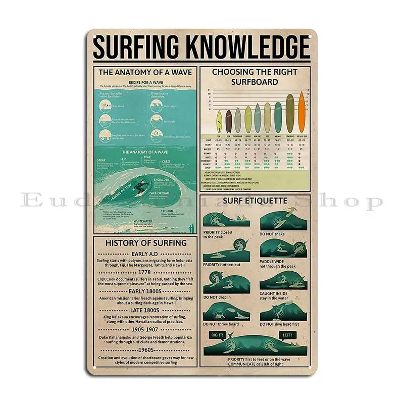 Surfing Knowledge Metal Plaque Bar Design Classic Club Plaques Tin Sign Poster