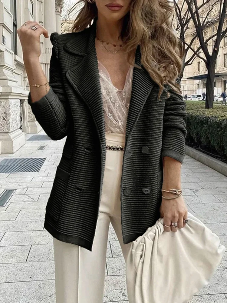 Women Streetwear Casual Loose Button Coat Elegant Office Lady Solid Lapel Outerwear Autumn Long Sleeve Patchwork Pocket Jackets