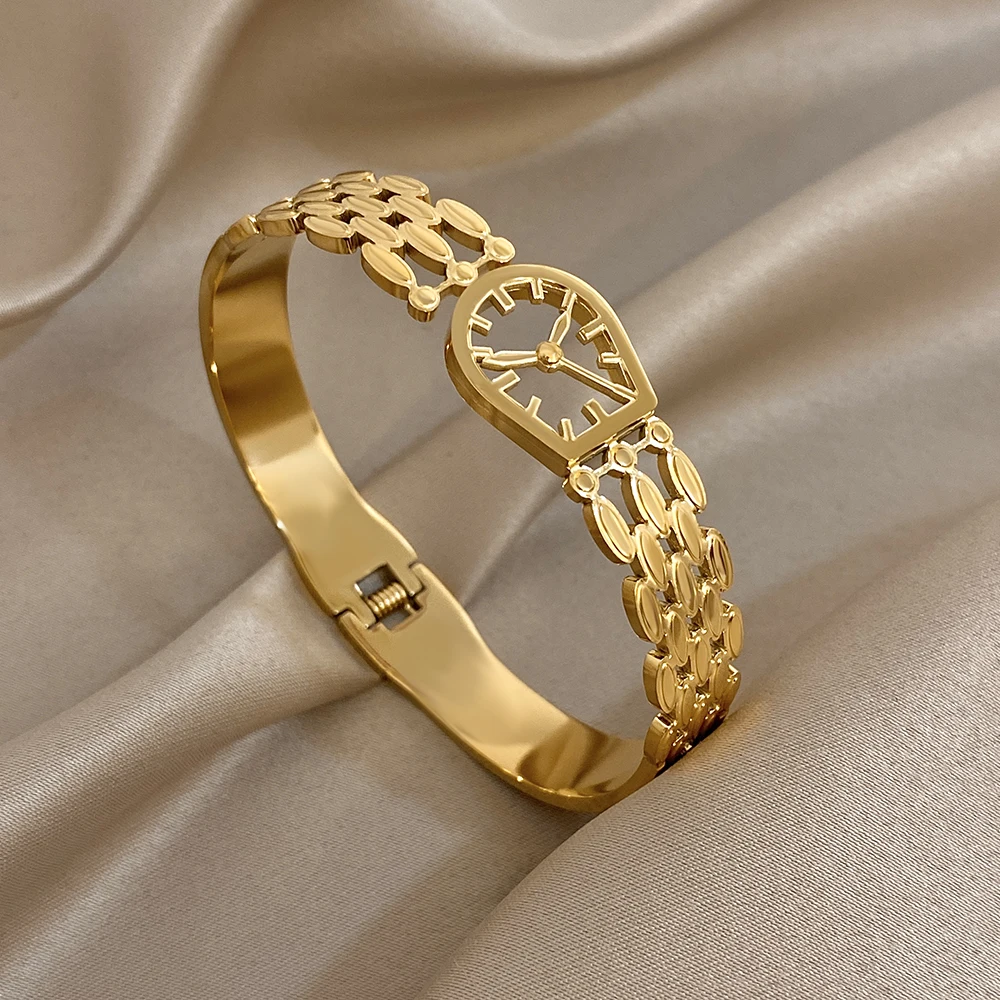 

Freetry New Waterproof Stainless Steel Wide Cuff Bracelets for Women Creative Hollow Out Dial Strap Chain Bangle Jewelry Gifts