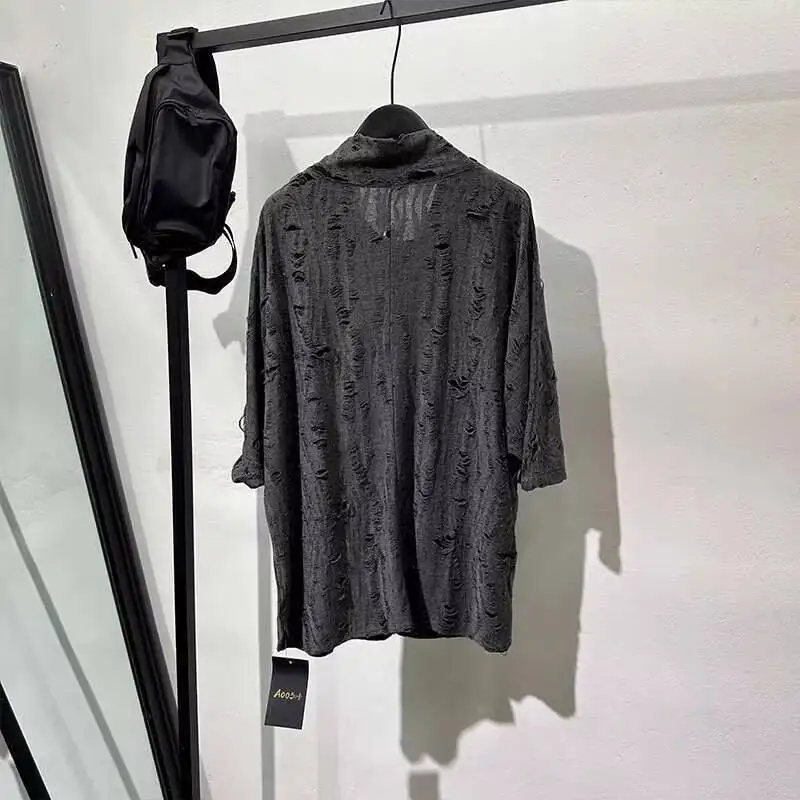 MWJLPWQ Dark Style Ripped Drop Shoulder T-shirt Men's Unique Vintage Distressed Short Sleeve Thin Loose Tops 2026 Summer 20315