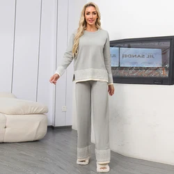 HELIAR 2-częściowe zestawy damskie Casual Knitted Long Sleeve O-neck Pullover Top + Wide Leg Pants Sets Office Women Outfit Fall Winter